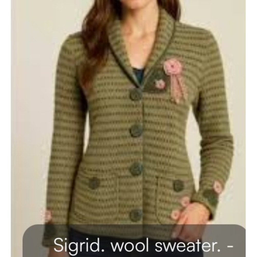 Y2K Sigrid‎ Olsen Wool Blend Cardigan Button Front Floral Applique Green Pink M